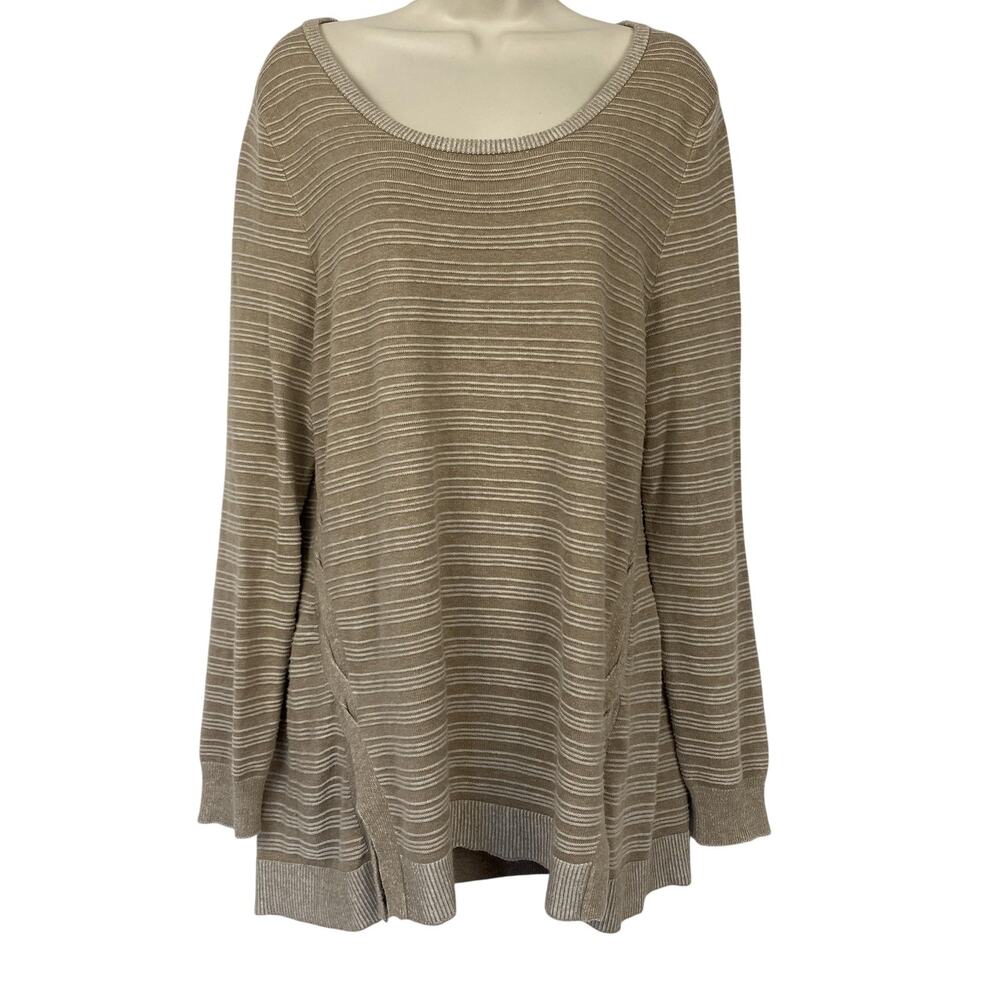 Soft Surroundings Tunic Sweater Large Beige Panel with a Twist Stripe Cable Knit
